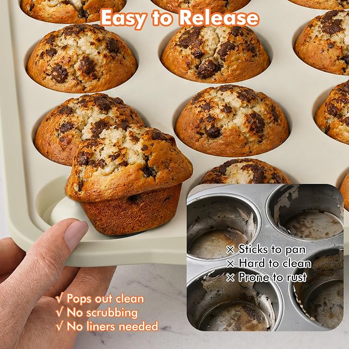 2 Pack Silicone Muffin Pan for Baking with Metal Reinforced Frame, Foldable 12 Cup Regular Size Nonstick Cupcake Pan, Muffin Tray for Baking, Dishwasher Safe Egg Bite Molds for Oven，Beige