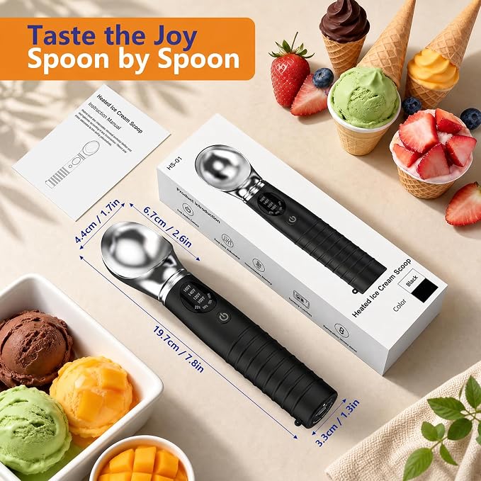 Heated Ice Cream Scoop Rechargeable, Electric Ice Cream Scooper with 4 Temp Modes & LED Display, Heats up to 160°F for Rock-Hard Ice Cream, IPX7 Waterproof Kitchen Gadget for Seniors & Kids (Black)