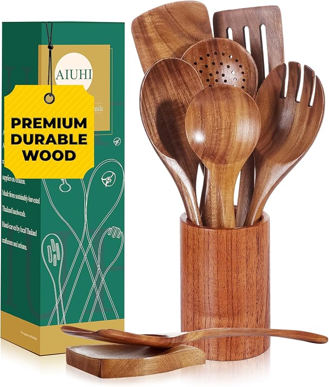AIUHI Teak Wood Cooking Utensils Set, 9 Pieces Non-Toxic Wooden Spoons, Spatulas, Salad Fork, Strainer Spoon, Spoon Rest, BPA-Free, Safe for Non-Stick Cookware, Durable & Easy to Clean