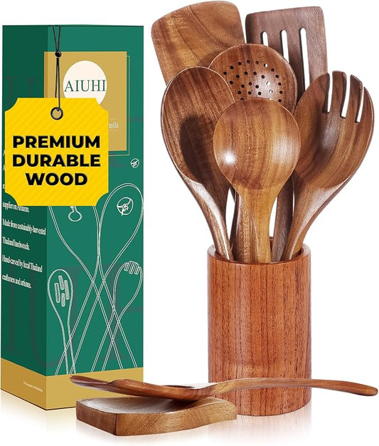AIUHI Teak Wood Cooking Utensils Set, 9 Pieces Non-Toxic Wooden Spoons, Spatulas, Salad Fork, Strainer Spoon, Spoon Rest, BPA-Free, Safe for Non-Stick Cookware, Durable & Easy to Clean