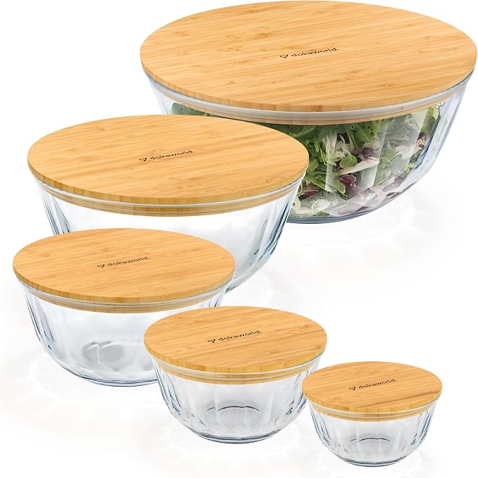 Large Stackable Set of 5 Nesting Glass Bowls with Bamboo Lids for Foodprep, Storage, Baking, Sourdough Mixing & Cooking. Microwave & Oven Safe Heat Resistant Inert Borosilicate Glass