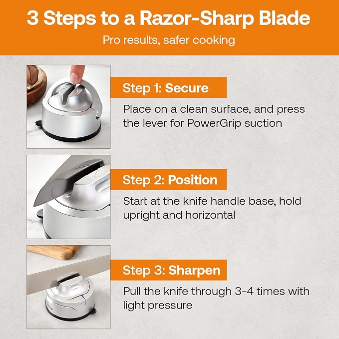 AnySharp – Evo – Hands Free Knife Sharpener - Easy to Use Sharpening Tool with Improved PowerGrip Suction Base and 20-Deg Pre-Set Angle - for All Knives: Chef's, Serrated, and Hardened Steel - Silver