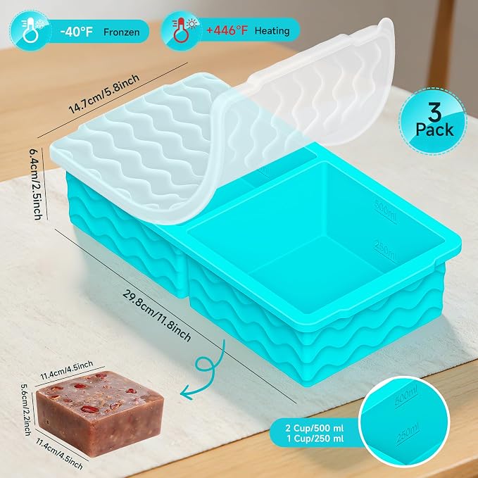 3-Pack Silicone Freezer Trays with Lid, Soup Freezer Container Molds, Silicone Freezer Molds, Ice Cube Tray for freezing Soup Sauce Broth Leftovers, Dishwasher & Oven Safe, BPA Free (2-cup,blue)