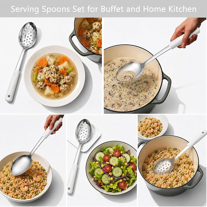 Serving Spoon Set with Silicone Handles,2-Piece spoon | Stainless Steel Serving Spoon, Slotted Spoon & Soup Ladle Set for Buffet and Home Kitchen