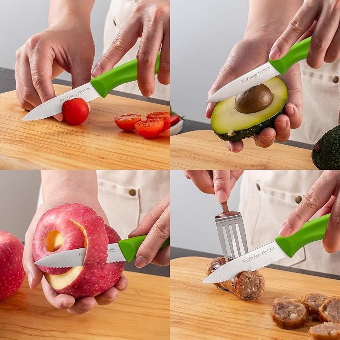 Stainless Steel Paring Knife With Serrated Blade, 6 Pieces Set Vegetable and Fruit Knife, Ultra Sharp Small Kitchen Knife,Green Paring Knives with PP Plastic Ergonomic Handle.