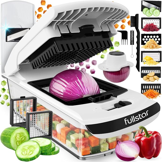Fullstar Pro Original Vegetable Chopper & Mandoline - Chopper & Mandoline Lids - Food Chopper with Container, Fruit Slicer, Onion Dicer - All-in-One Prep Tool - Kitchen Gadgets & Gifts (8 in 1, White)
