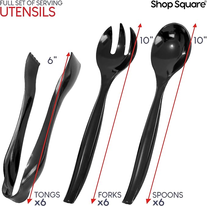 18 Pcs Black Plastic Serving Utensils Set – Heavy Duty Disposable Serving Spoons, Forks & Tongs | 10″ Serving Spoons for Buffet, Party, Catering, Wedding | Reusable, BPA-Free