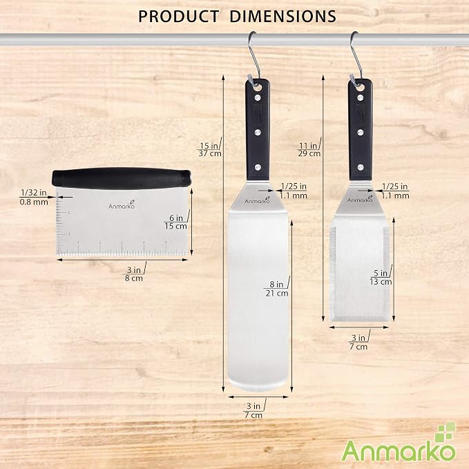 Anmarko Metal Spatula Stainless Steel Scraper - Professional Chef Griddle Spatulas Set of 3 - Heavy Duty Accessories Great for Cast Iron BBQ Flat Top Grill Skillet Pan - Commercial Grade