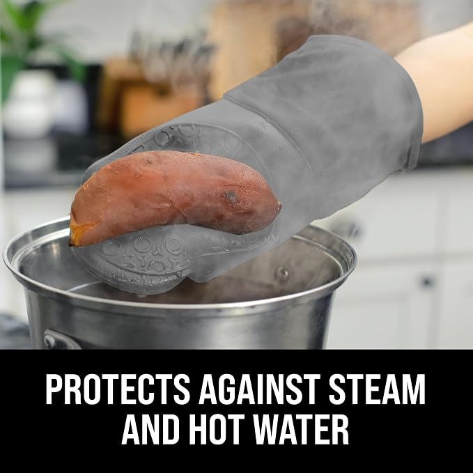 BPA-Free Soft Silicone Oven Mitts - Ultra Heat Resistant Oven Mitts with Thick Cotton Liner - Long Slip Resistant Pot Holders, Flexible Oven Gloves - Gray 13.7"