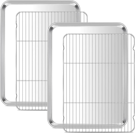 E-far Large Baking Sheet with Wire Rack (2 Pans + 2 Racks), 20 x 14 Inch Stainless Steel Cookie Pans Tray & Cooling Rack for Baking, Non Toxic & Heavy Duty & Rust Free, Oven & Dishwasher Safe
