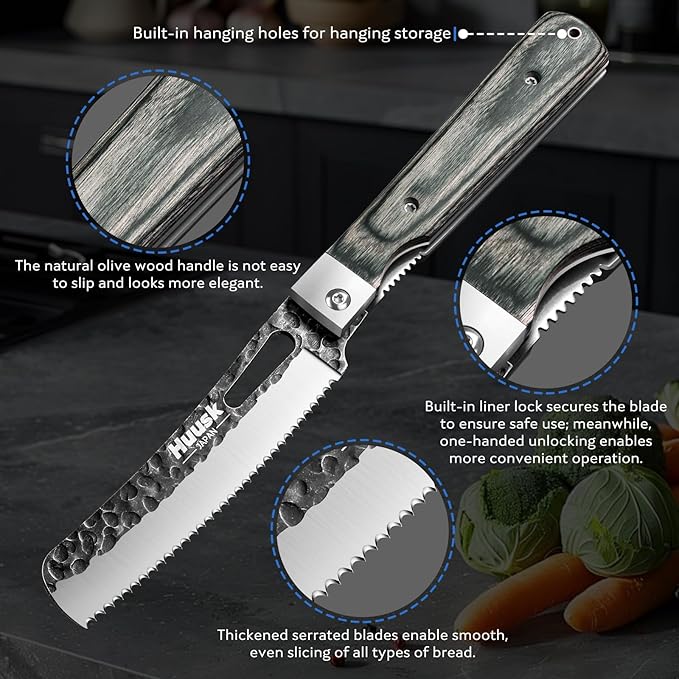 Huusk Japanese Folding Bread Knife - Pocket Knife with Wide Wavy Edge for Homemade Bread, Steak and Tomato - Hand Forged Kitchen Knives for BBQ, Camping and Travel - Gift for Men and Women