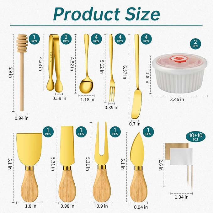 Charcuterie Boards Accessories Bowls Gold, Cheese Butter Spreader Knife Set Mini Serving Tongs, Forks, Spoons,Dipping Bowls with Lids, Toothpick Flags, Honey Dippers For Party Platter Making