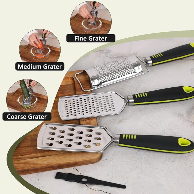 Handheld Cheese Grater Set for Kitchen Stainless Steel Mini Cheese Grater with Handle Lemon Zester with Cleaning Brush for Cheese Vegetable Fruit Chocolate (Black Handle) by beardo decor