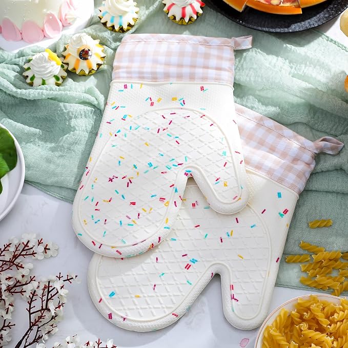 Didaey Set of 2 Silicone Oven Mitts Waterproof Shell Oven Mitts for Kitchen for Heat Resistant 500 Degrees Washable Kitchen Mittens with Cotton Lining for Cooking Baking BBQ Grilling Microwave