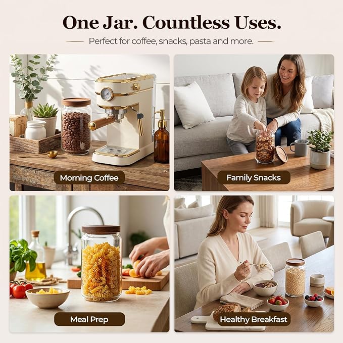 ComSaf Glass Jar with Acacia Wood Lid 34oz 1Pack, Food Storage Container | 1.1Qt Canister, Oats Coffee Sugar Pasta Candy Cookies Nut, Kitchen Pantry, Decorative, Countertop Display, Food-Grade, Label