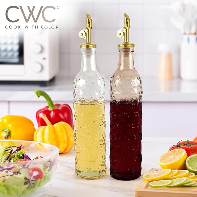 COOK WITH COLOR Glass Olive Oil Bottle Dispenser - 2 Pack- 17oz Oil and Vinegar Cruet - Olive Oil Carafe Decanter for Kitchen, Floral, Brown