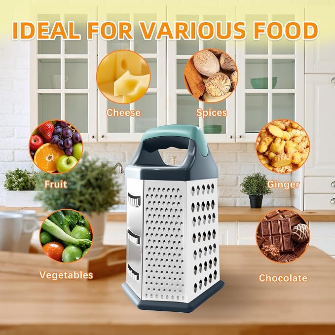 Box grater for kitchen 6 Sided - Cheese Graters Handheld, Stainless Steel Shredder for Food Vegetable Carrot Potato Tomato (Blue)