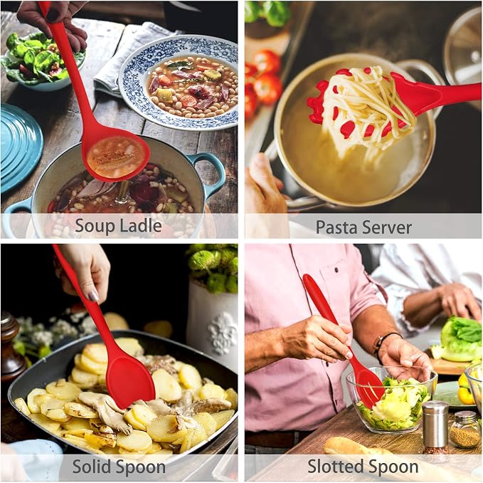 P&P CHEF Silicone Cooking Utensils Set of 7, Heat-proof Kitchen Utensils Set for Nonstick Cookware, Non-stick Spatula, Slotted Turner, Soup Ladle, Pasta Server, Spoon for Cooking Serving - Red