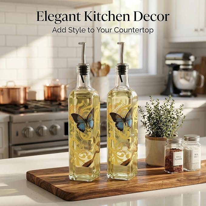 Topadorn Set of 2 Butterfly Olive Oil Dispenser Bottles, 17oz Decorative Glass Oil & Vinegar Cruet Set with Pour Spouts, Refillable Kitchen Countertop Dispensers