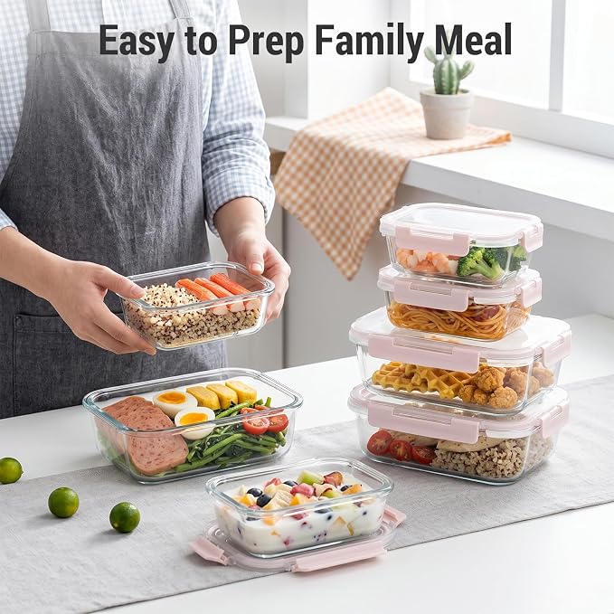 Dealusy 10 Sets 36 oz & 12 oz Glass Food Storage Containers with lids, Pink | 20-Piece Airtight Leak-proof Glass Meal Prep Containers with Lids, Microwave Oven Freezer Dishwasher Safe