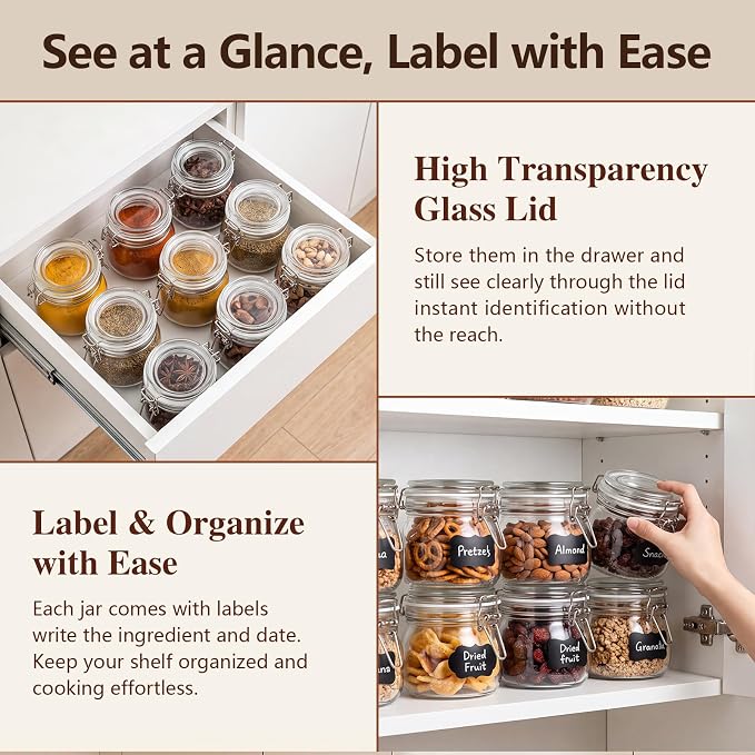 6 Pack 17oz Glass Jars with Airtight Lids, Wide Mouth Glass Storage Jars | Mason jar, Small Airtight Food Storage Containers for Kitchen Pantry Organization, Jams, Nuts, Snacks, Spices, Coffee&Pickles