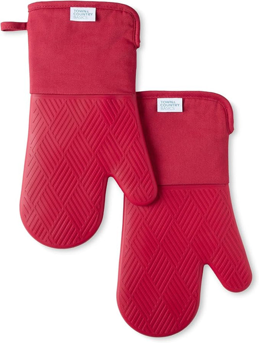 Town & Country Basics Basketweave Soft Silicone Oven Mitt 2-Pack Set, Heat Resistant up to 500F, Flexible Silicone, Non-Slip Grip, Red, 7.5"x13"