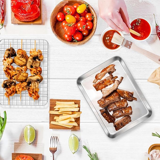 E-far Baking Sheet with Wire Rack Set, 9.5" x 7.3" (1 Pan +1 Cooling Rack) | Stainless Steel Sheet Pan with Rack Set for Toaster Oven, Mini Metal Tray for Cooking Roasting, Non-Toxic, Dishwasher Safe
