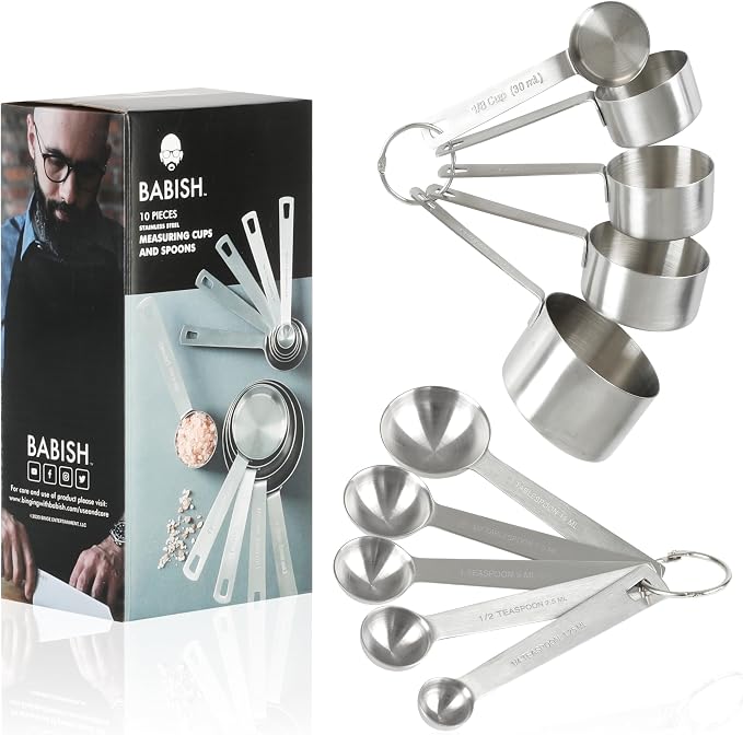 Babish 10-Piece Stainless Steel Measuring Cups and Spoons Set – Heavy-Duty, Rust-Resistant Baking and Cooking Measurement Tools