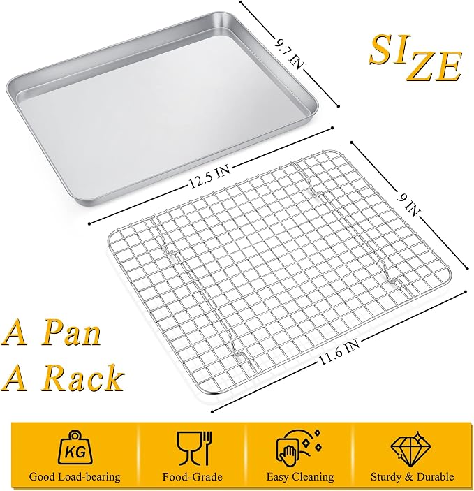 P&P CHEF 12.5 Inch Toaster Oven Pan Tray with Wire Rack, 2 PCS | Baking Sheet Pan + Cooling Rack for Cooking/Roasting, Dishwasher Safe & Rust Free, Non-toxic & Sturdy