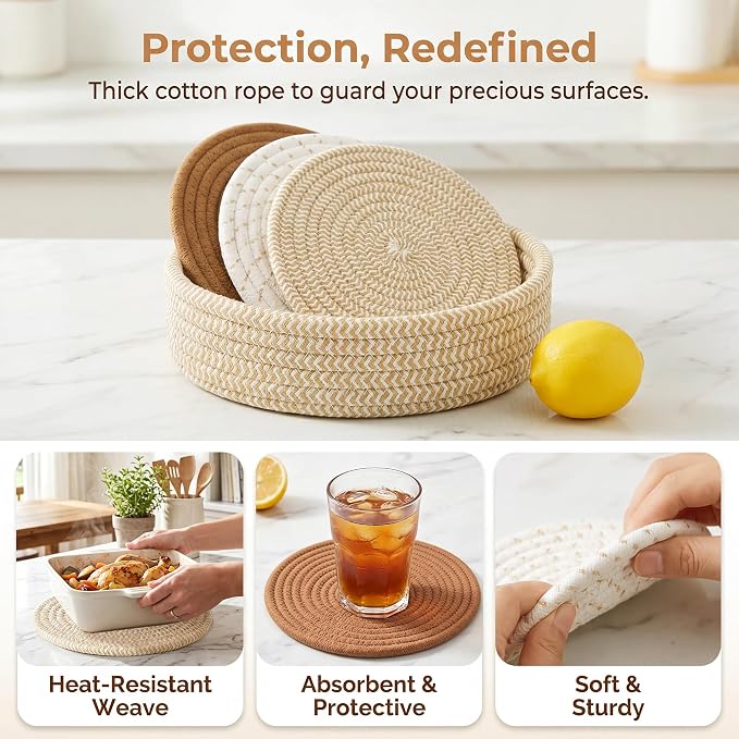 Coga Trivets for Hot Dishes, 5 Pack 7 Inch Cotton Hot Pads for Kitchen with Storage Basket, Round Pot Holders for Kitchen, Heat Resistant Mats for Countertop, Pots and Pans, Farmhouse Decor, Mix Beige