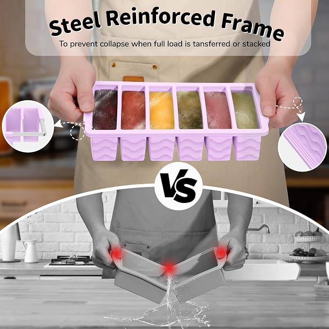2-Pack Silicone Freezer Trays with Lid, 2 Large 2-Cup(500ml) & 6 Small 1/2-Cup(125ml) Soup Freezer Container Molds, Ice Cube Tray For Meal Prep & Freezing Soup, Stews, Sauces, Oven & Dishwasher-Safe