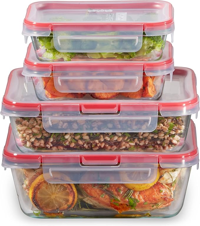 Pyrex Freshlock (4-Pack) Mixed Sized Glass Food Storage Containers Set | Meal prep containers with airtight locking lids, meal prep, dishwasher & microwave safe