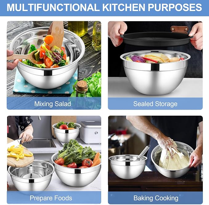 LIANYU Mixing Bowls with Lid Set of 6, Large Size 7, 3.5, 2.5, 2, 1.5, 1QT | Stainless Steel Kitchen Nesting Metal Bowl Sets, Ideal for Baking Cooking Serving Food Storage, Dishwasher Safe, Black