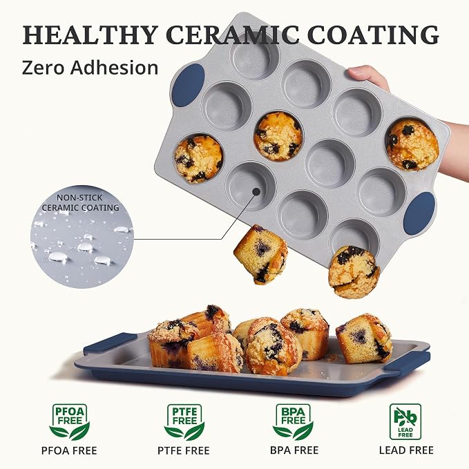 BRONYPRO 2-Pack 12 Cup and Mini 24 Cup Non Toxic Nonstick Ceramic Muffin Pan & Cupcake Tin, PFOA & PTFE Free, Heavy Duty Rust-Resistant Aluminized Steel, Oven Safe, Blue