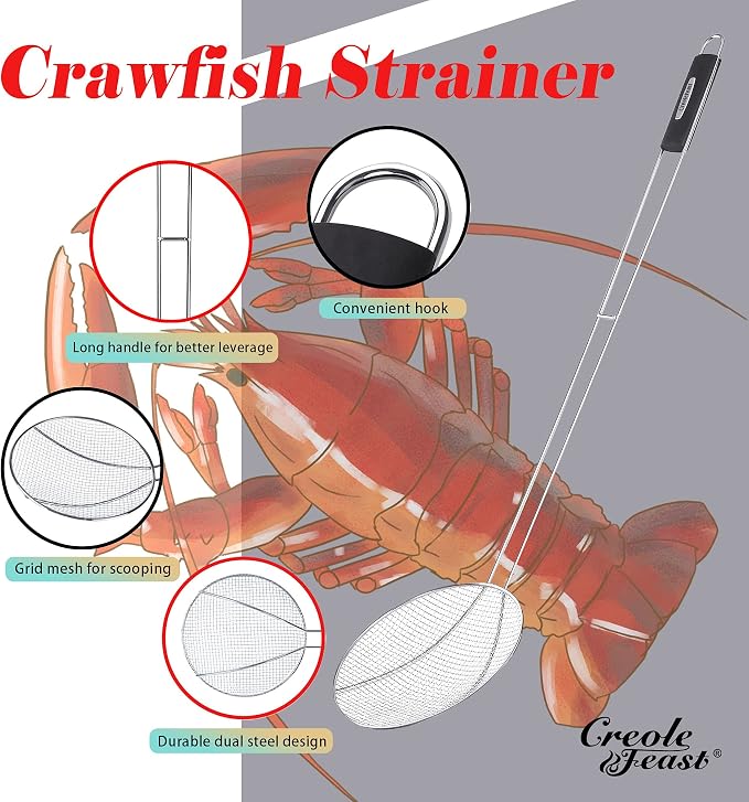 Creole Feast SKM3602 36-Inch Stainless Steel Skimmer with 8" Bowl, Wire Strainer and Mesh Scoop, Crawfish Long Ladle Accessories for Large Batch Outdoor Cooking