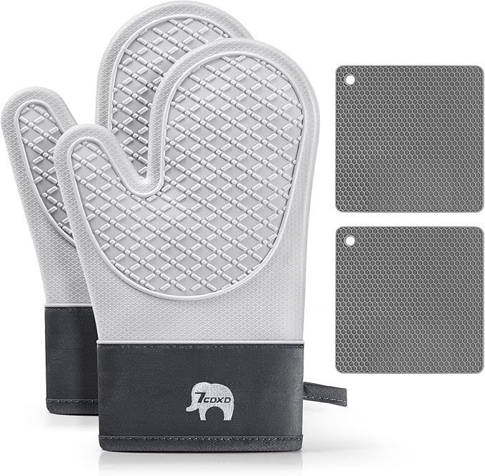 Oven Mitts and Pot Holders Sets for Kitchen, 2 Pack Extra Long Heat Resistant Silicone Oven Mitt Heat Resistant 500°F with Soft Cotton Lining for BBQ, Baking and Cooking