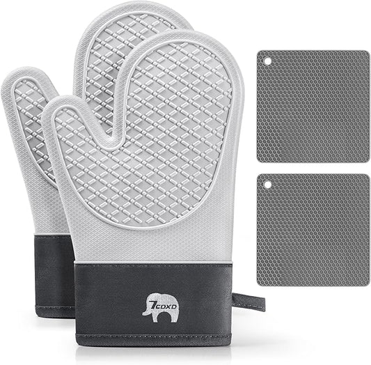 Oven Mitts and Pot Holders Sets for Kitchen, 2 Pack Extra Long Heat Resistant Silicone Oven Mitt Heat Resistant 500°F with Soft Cotton Lining for BBQ, Baking and Cooking