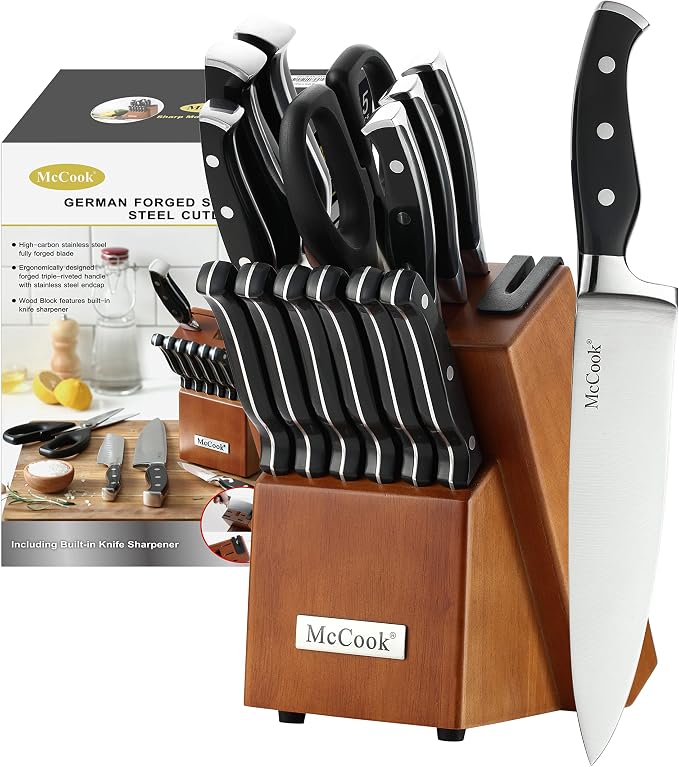 McCook® Knife Sets,German Stainless Steel Kitchen Knife Block Set with Built-in Sharpener, 15-Piece Razor-Sharp Kitchen Knives, Forged Triple Rivet,Full Tang,Ergonomic Handle,Elegant Box for Gift