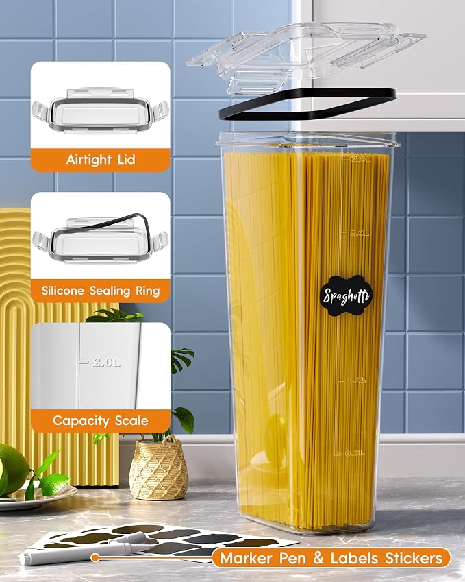 Airtight Food Storage Containers with Lids, 15 PCS Kitchen and Pantry Organization Canisters, BPA-Free, PVC-Free, Food-grade Plastic Leak-proof Jars for Cereal, Flour, Sugar, Extra 24 Labels & Marker