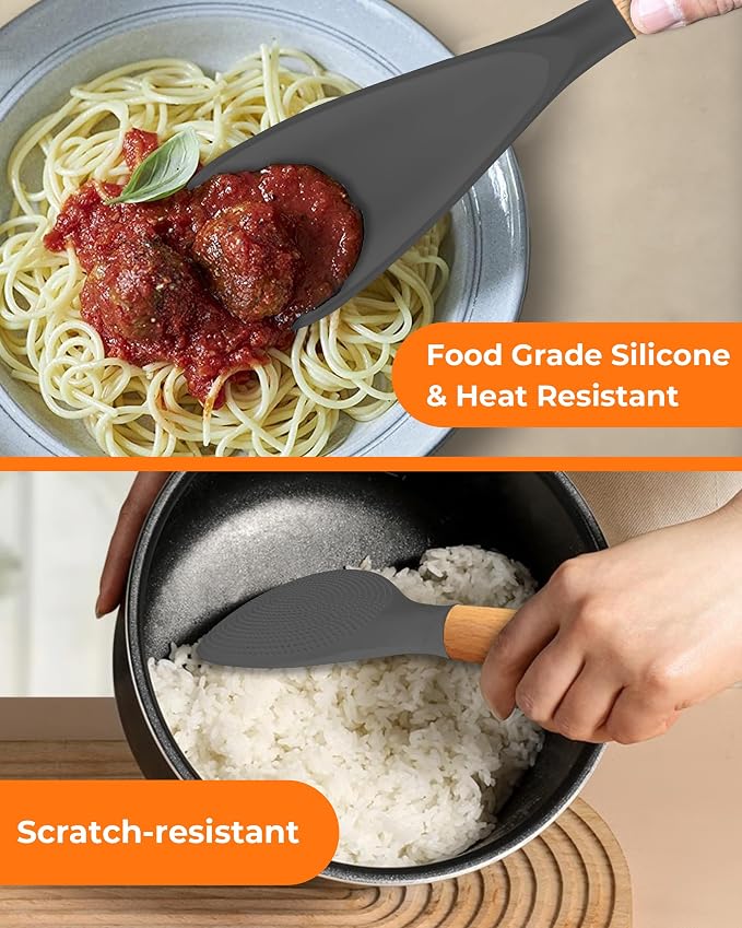 Cooking Spoon Multifunction Spoonula Silicone Spatula Spoon 2-Pack, Dual-Use Heat Resistant 446°F, BPA-Free Non-Toxic Wooden Handle Rice Spoon Set for Non-Stick Cookware & Rice Cookers (Gray)