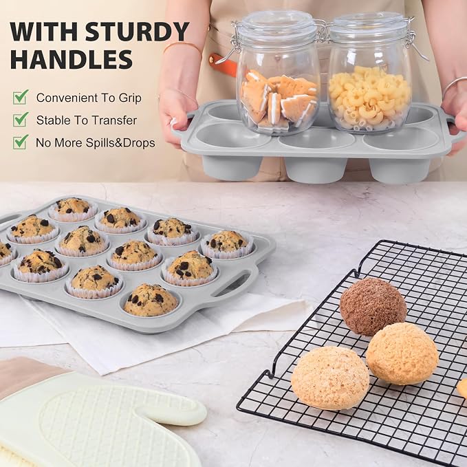 Jumbo Silicone Muffin Pan with Frame, Non Stick Large Cupcake Baking Tin | Silicone Cupcake Pan with Handles 6 Cup, BPA Free Silicon Muffin Tin Tray Extra Large for Baking Egg Bites Mold Light Grey