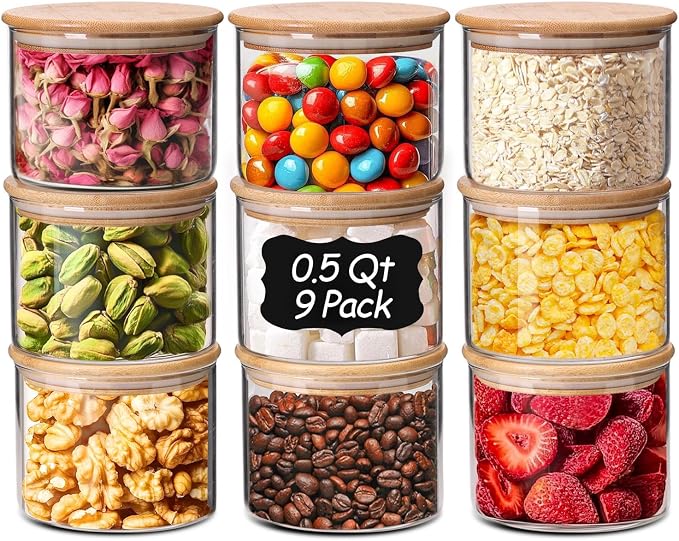 ComSaf Glass Storage Containers With Lids 0.5 Qt, 9 Pack Small Glass Jars | Small Glass Containers, Spice Jar 15oz, Candy, Family Snack Storage, Coffee Bar Organization, Size For Subpackage, BPA Free
