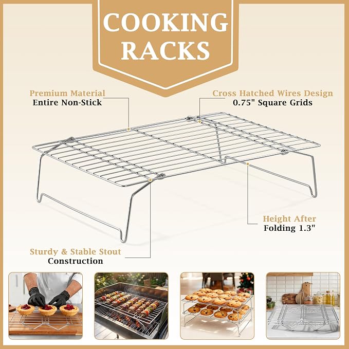 LIANYU Cooling Rack 15"x10", 4-Tier Stackable & Collapsible Stainless Steel Baking Wire Racks for Cooking, Baking, Roasting, Drying, Oven & Dishwasher Safe, Silver