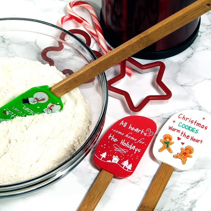 3 Piece Christmas Silicone Spatula Set with lovely bow and gift card. Easy clean, durable, high temperature and stain resistant with bamboo handles.