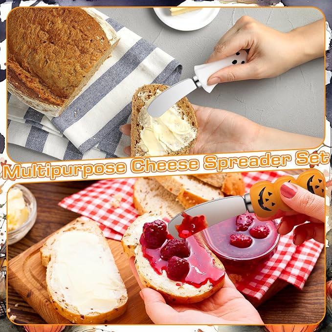 Jingmore 4 Pcs Halloween Cheese and Butter Spreader Knives Decor Pumpkin, Black Cat, Ghost, Skull Hand Painted Resin Handle with Stainless Steel Blade Multipurpose(Cheese Knives)