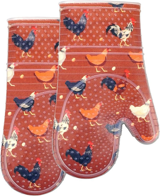 Oven Mitts Set of 2 with Transparent Clear Silicone Shell and Nice Shell Flower Cotton Lining, Heat Resistant to 500 F Kitchen Oven Gloves Pot Holder for Cooking (Rooster, Oven Mitts)