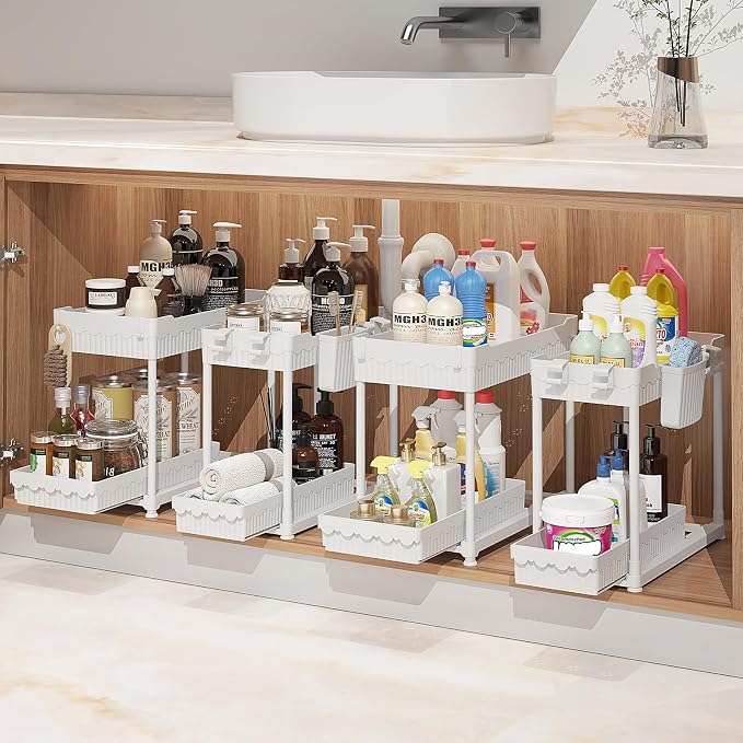 4-Pack 2-Tier Under Sink Organizer with Pull Out Drawers | Multi-use kitchen & bathroom storage. Includes hanging hooks and cups. White, space-saving cabinet design. 14.8 Inch