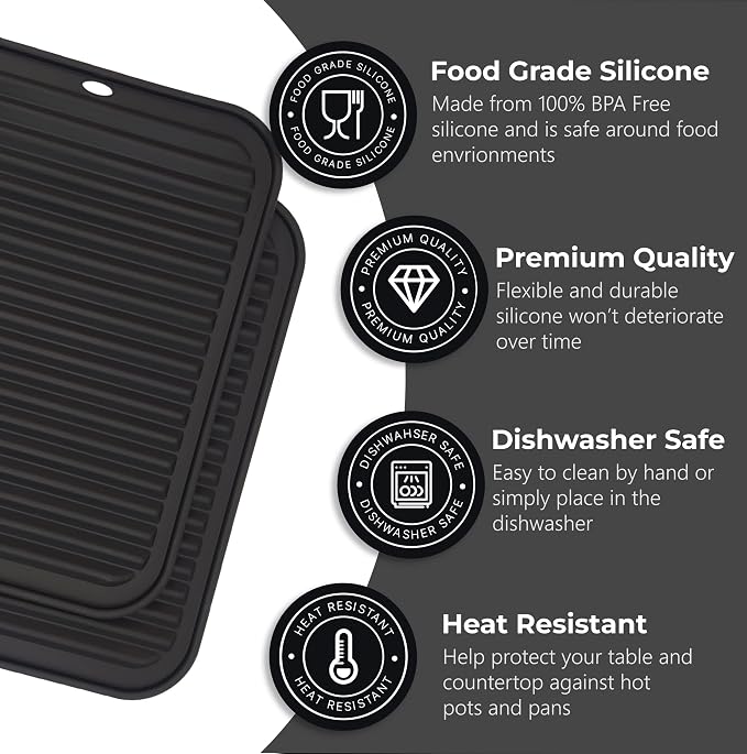 Silicone Trivets for Hot Dishes, Pots, Pans (4 Pack) - Heat-Resistant Pot Holders for Kitchen Countertop Mats - Silicone Trivet Mat (9 x 12 Inch) - Multipurpose Counter Pads (Black)