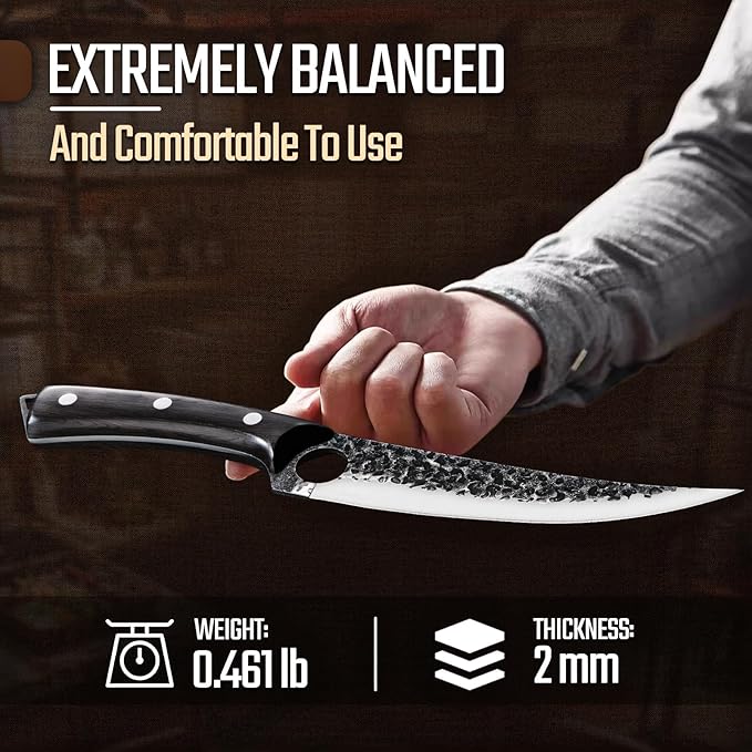 Huusk Viking Boning Knife 6 inch, Japanese Boning Knives for Meat Cutting, Full Tang Fillet Knife with Sheath, Brisket Trimming Knives for BBQ, Camping, Christmas Gift for Men and Women