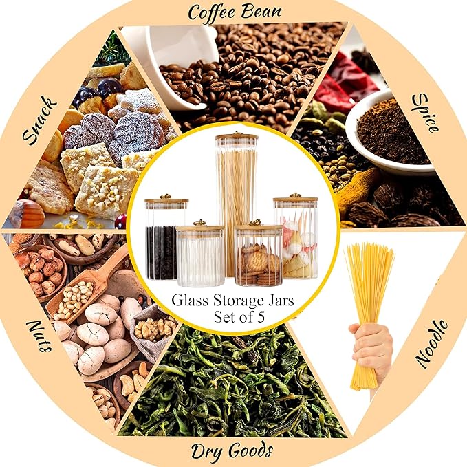 Glass Storage Jars Set of 5, Coffee Bar Canister with Airtight Bamboo Lid | Metal Ring, Ribbed Borosilicate Glass Container, Home Kitchen Pantry Storing Coffee, Candy, Sugar, Tea, Nuts, Oatmeal, Pasta